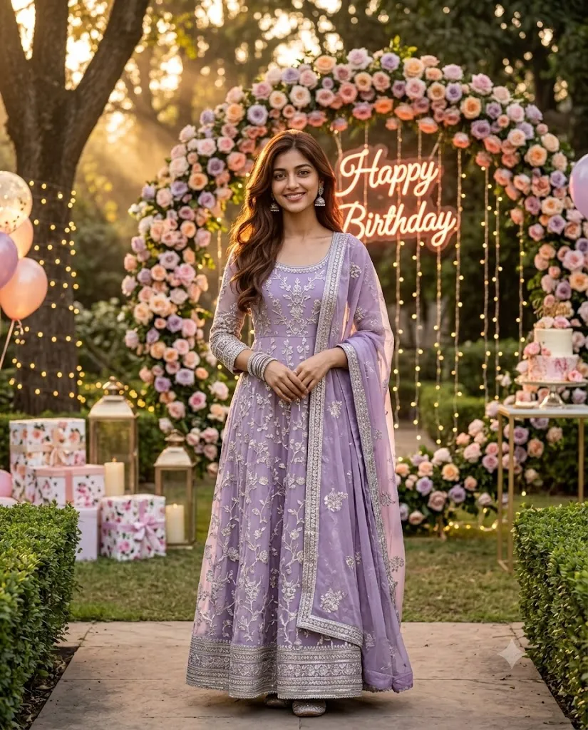 Luxury Lavender Anarkali Garden Birthday Photoshoot AI Prompt